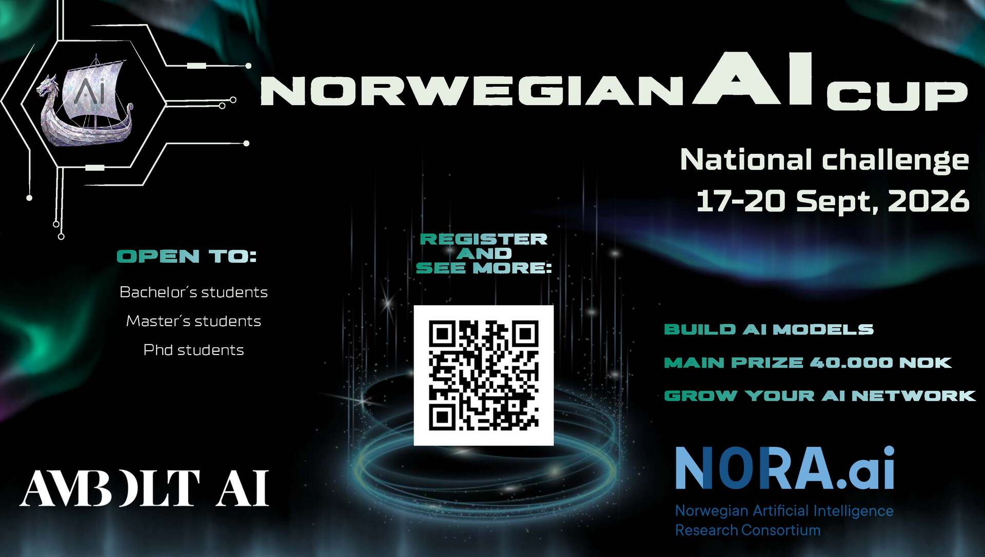 Build AI models, main prize 40 000 NOK, grow your network. Open to bachelor-, master- and PhD students. Ambolt AI and NORA.ai