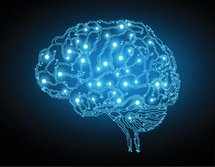 Illustration of a brain, with parts looking like pieces of computer chips