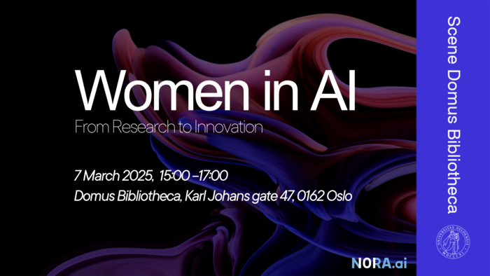 Event title and details on an abstract background in dark colours