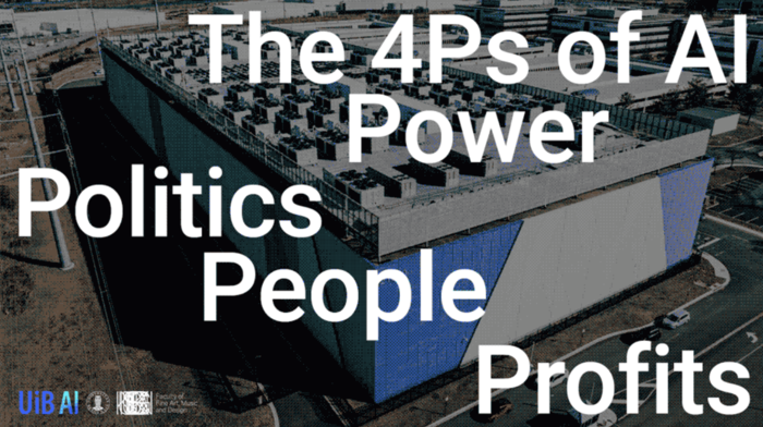 The 4Ps of AI: Power, Politics, People, Profits. What looks like a data centre in the background
