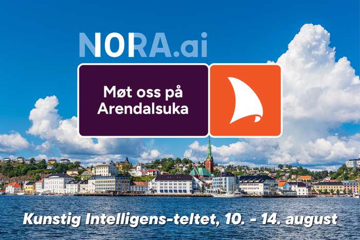Arendal i bakgrunnen, teksten "Møt oss på Arendalsuka," datoene 10.-15. august
