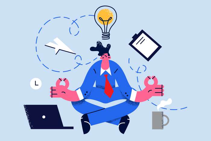 Illustration of a person with a lighbulb over his head, papers, a cup and a laptop