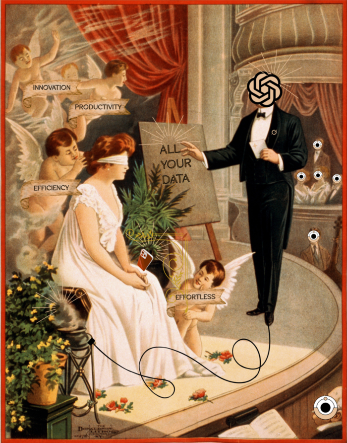 Old-fashion drawing of a lady sitting down, surrounded by angels and the words "effortless, efficiency, productivity, innovation," a man with the face of the OpenAI logo pointing to a poster saying "All your data"