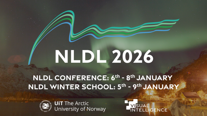 NLDL 2026 logo on a photo of Tromsø and the northern lights 