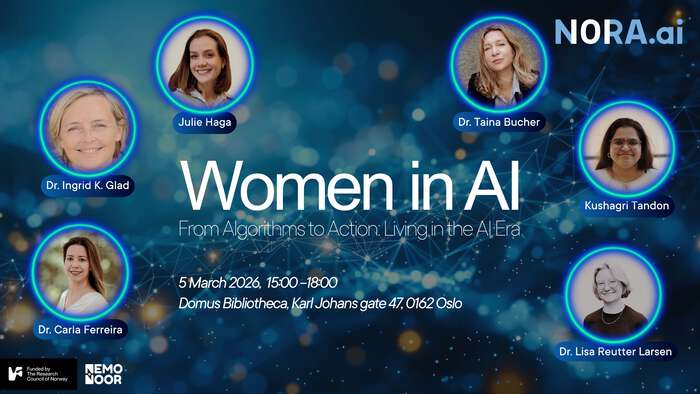 Women in AI logo with date and time. Domus Bibliotheca, Karl Johans gate 47, 0162 Oslo. Photos of the speakers