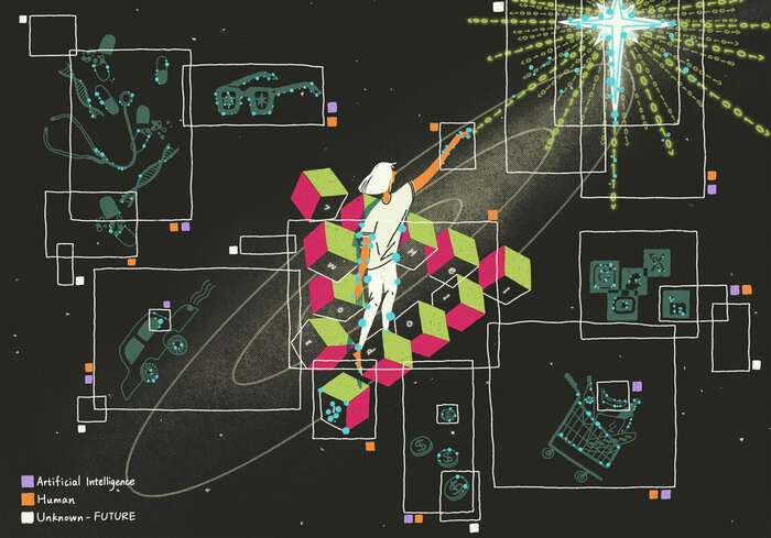 A person who looks like they are in space surrounded by symbols, reaching for a shining star