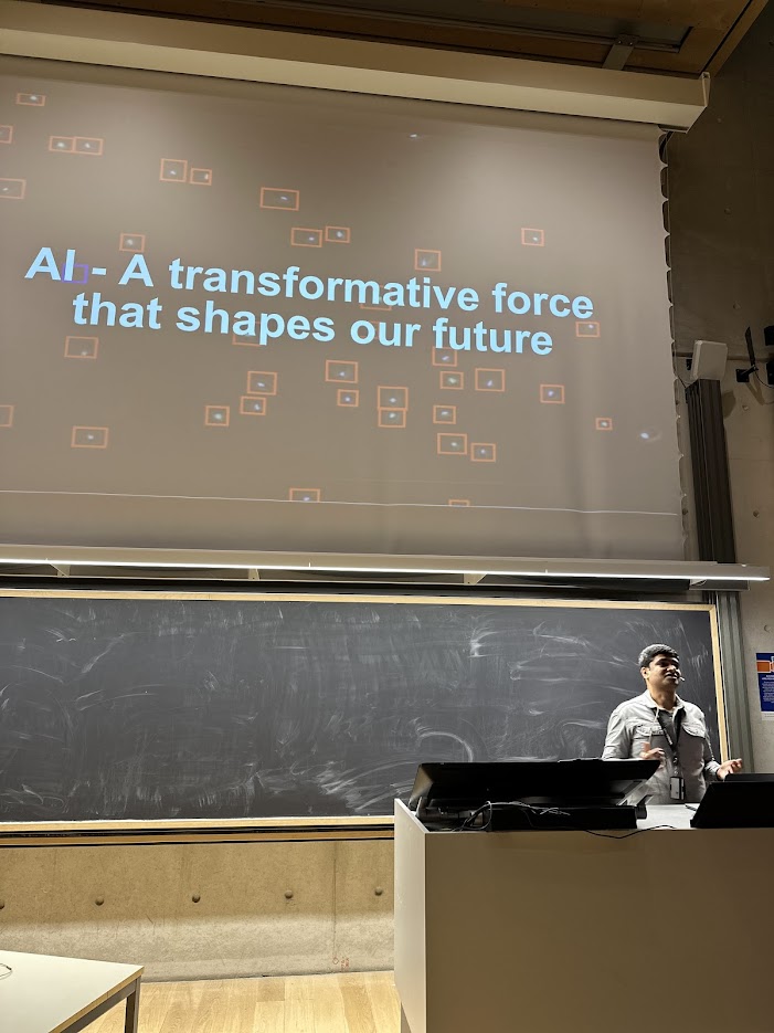 Sushant presenting, we see the text "AI - A transformative force that shapes our future" on a screen