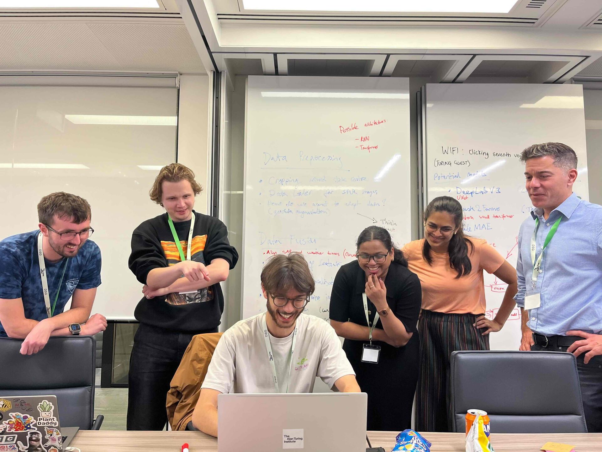 Six people looking a a computer screen, a whiteboard in the background
