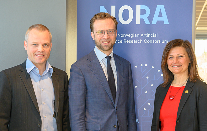 In the picture you see me (left), Nikolai Astrup (middle) and Pinar Heggernes (right).The picture is from my first day in NORA, April 1st 2019. NORA was established and Nikolai Astrup, Norway's Minister of Digitalization at the time, was on his mission to get input to finalize Norway's AI strategy.