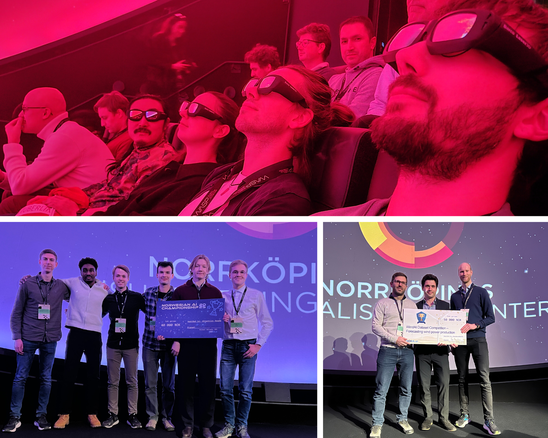 Photo from the Dome – Top: The Dome Experience, Bottom: Winners of the Norwegian AI Championship, The winners of the WindAI