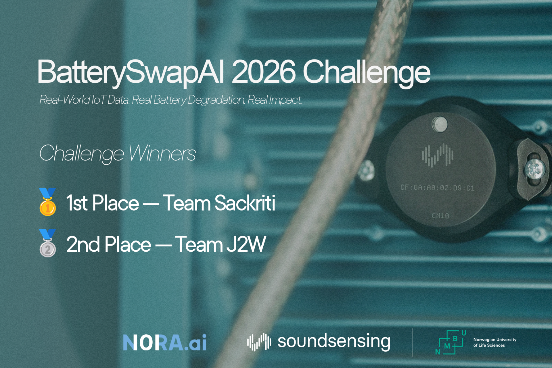 1st place: Team Sackriti. 2nd place: Team J2W. Image of battery in the background
