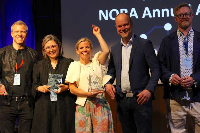 The award winners gathered on stage, along with NORA's Geir Halnes