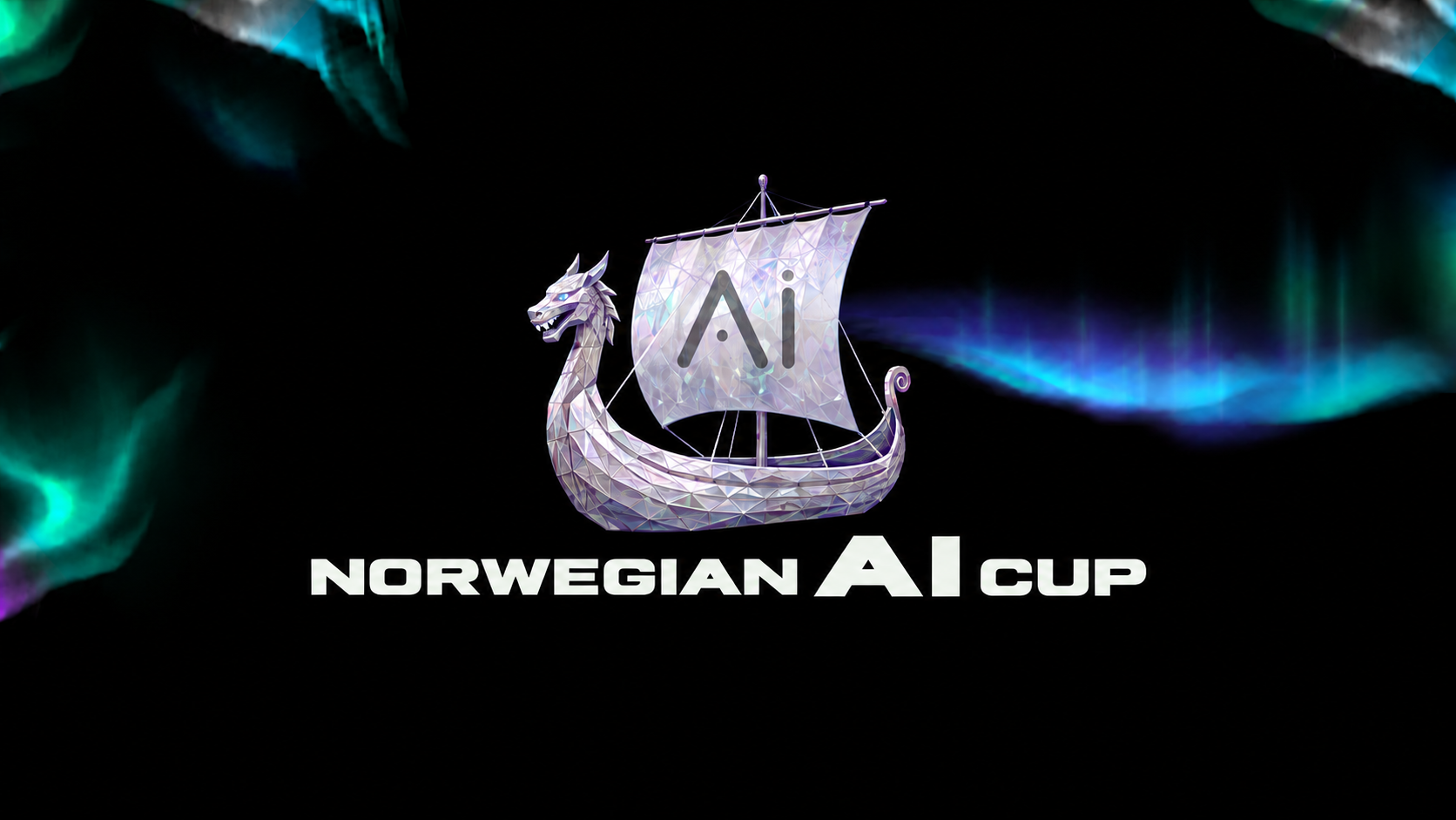 Night sky with aurora borealis, Norwegian AI Cup viking ship logo
