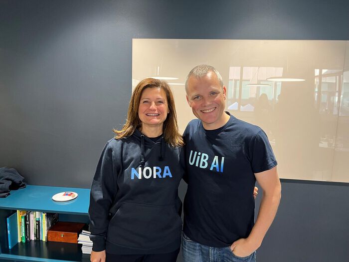 Prorektor og leder av styringsgruppen for UiB AI, Pinar Heggernes, og daglig leder i NORA, Klas Henning Pettersen. Foto/ill.: Odd Vegard Kandal-Wright, UiB