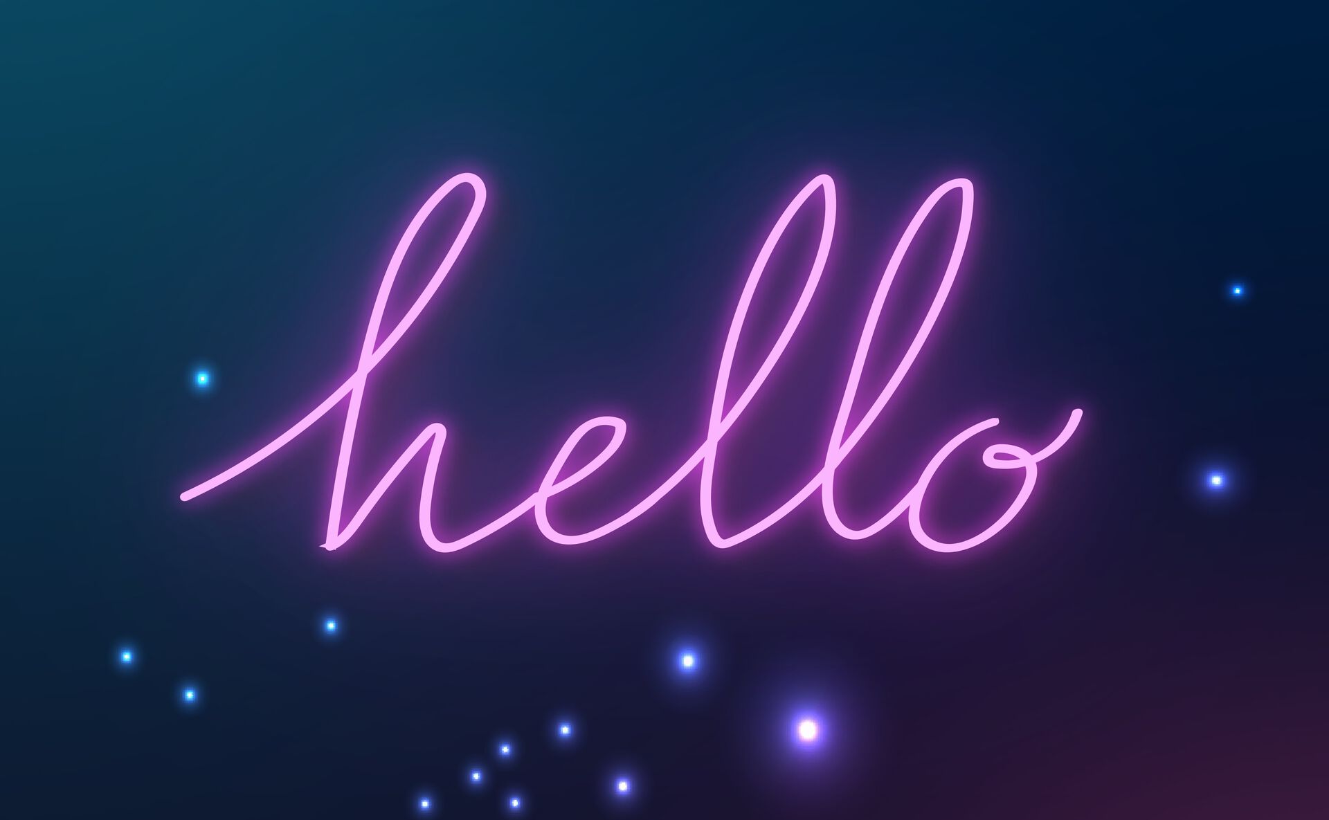 "Hello" skrevet i blå neon på mørk bakgrunn