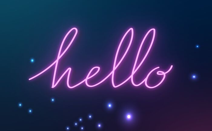 "Hello" skrevet i blå neon på mørk bakgrunn