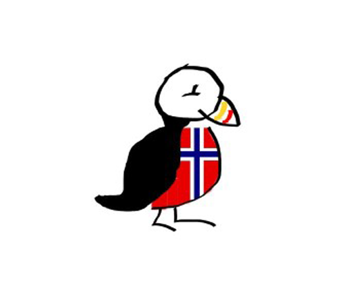 Fugl med norsk flagg på brystet