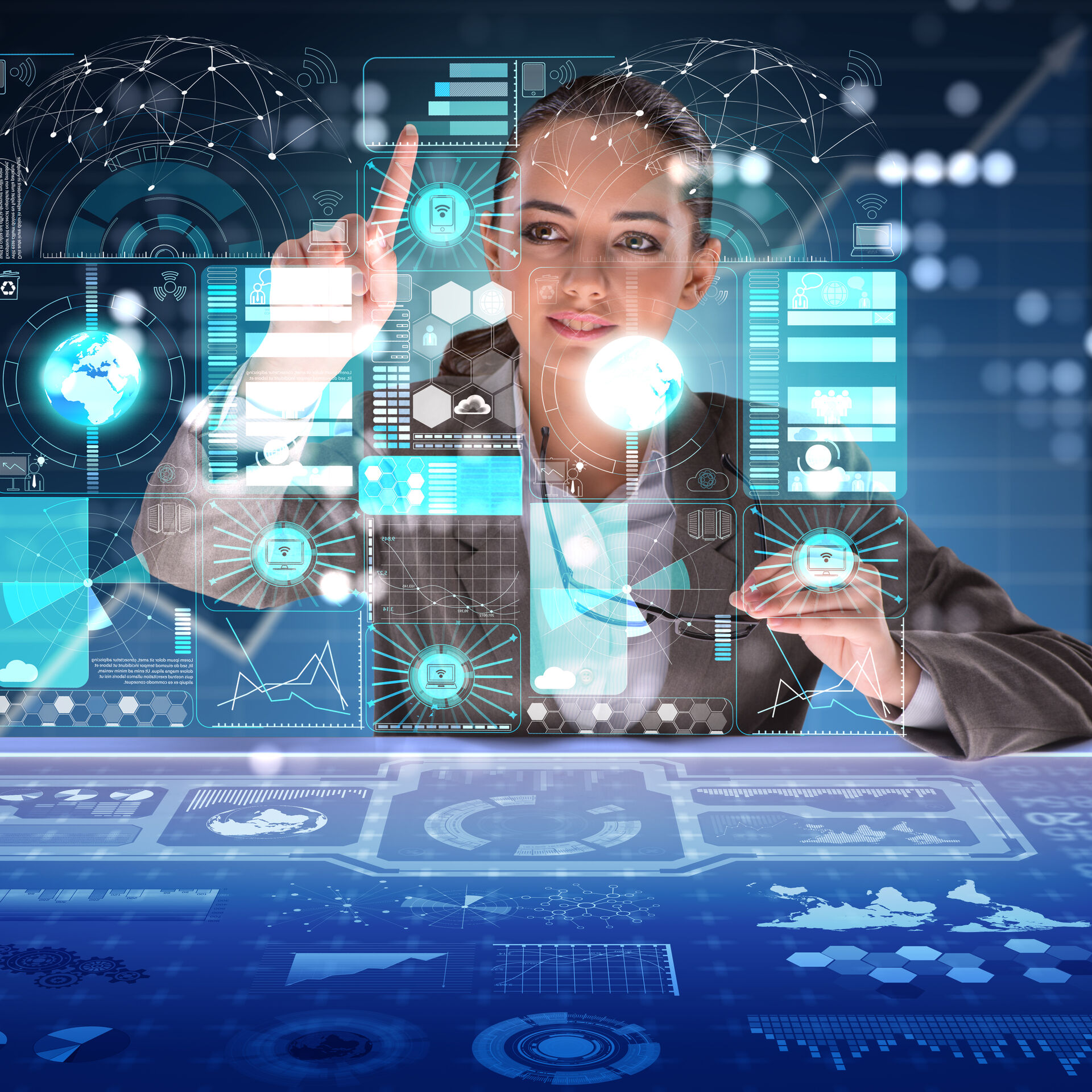 Woman in futuristic computer setup