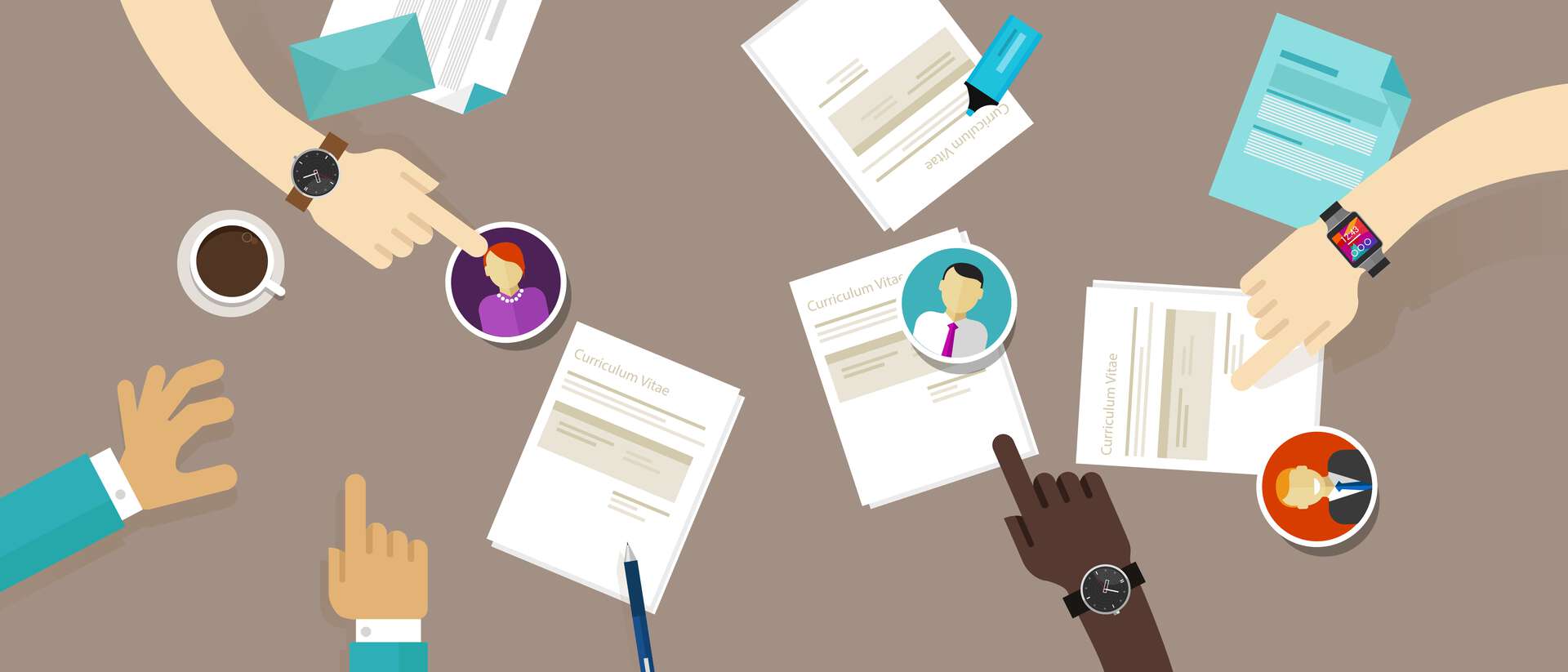 Illustration of hands and Cvs on a table
