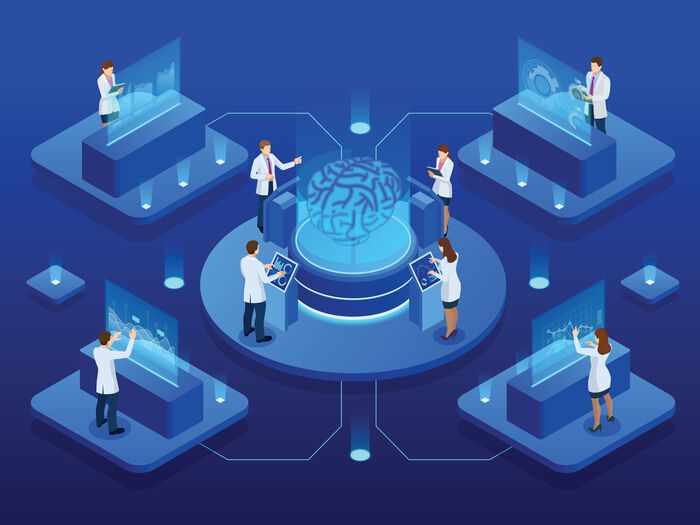 Illustration of researchers gathered around an artificial brain