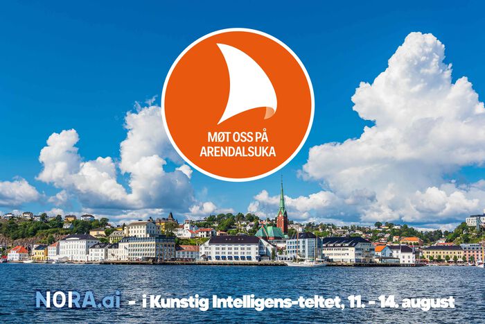 Foto av Arendal, Arendalsuka sin oransje logo med teksten "Møt oss på Arendalsuka"