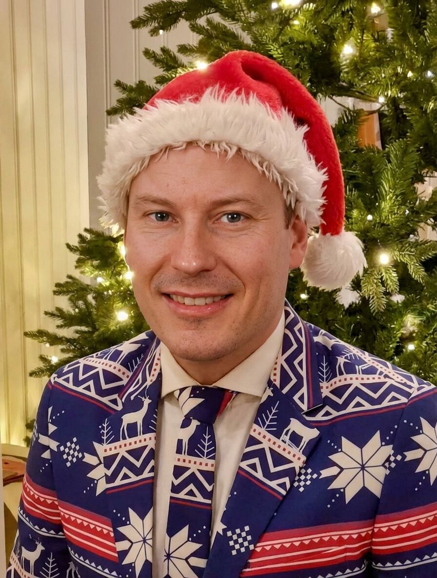AI-generated photo of CEO Michael Solvang in a blazer with a Christmas motif and a santa hat